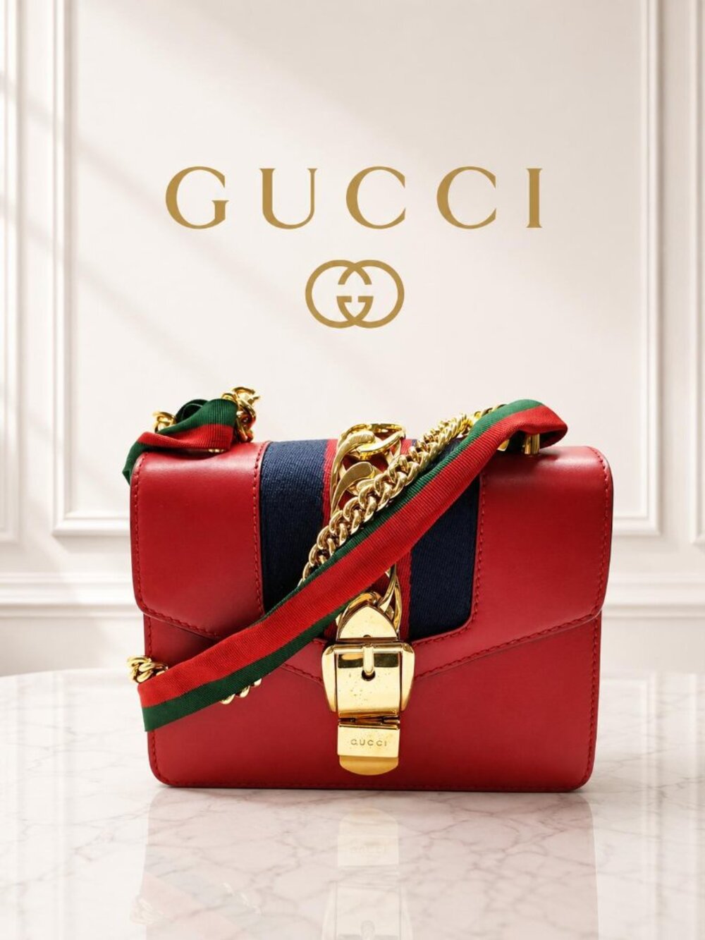 Authentic Gucci Sylvie Mini Red Leather Web Chain Shoulder Bag